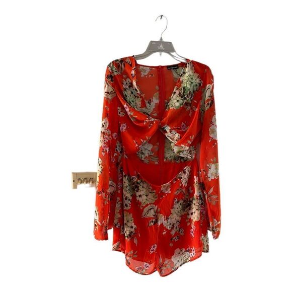 PrettyLittleThing Jaiden orange flower print bell sleeve romper size 12 - Picture 1 of 8